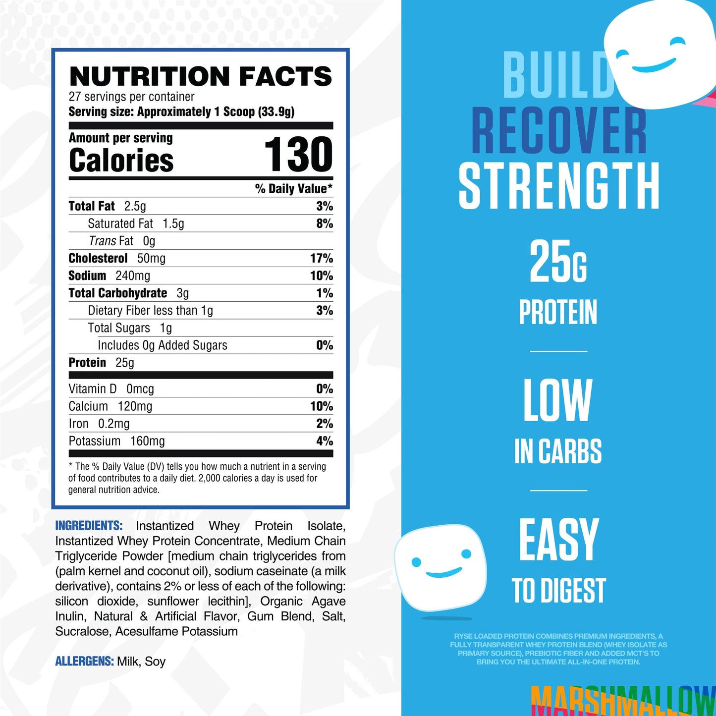 RYSE Loaded Protein Powder - Jet-Puffed Marshmallow - 25g Whey Protein Isolate & Concentrate with Prebiotic Fiber & MCTs - Low Carb, Low Sugar, Digestive-Friendly - 27 Servings / 2 lb Tub