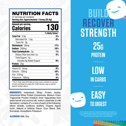 RYSE Loaded Protein Powder - Jet-Puffed Marshmallow - 25g Whey Protein Isolate & Concentrate with Prebiotic Fiber & MCTs - Low Carb, Low Sugar, Digestive-Friendly - 27 Servings / 2 lb Tub