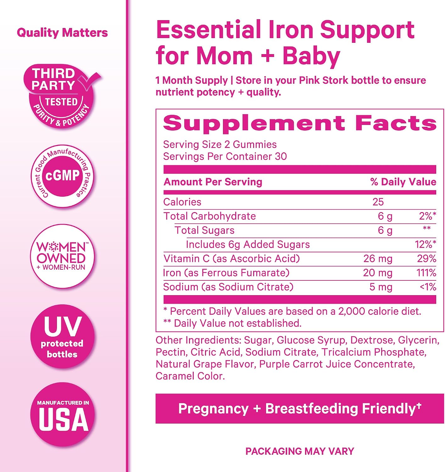 Pink Stork Prenatal Iron Supplement Gummies for Women, 20 mg, 60 Count | With Vitamin C for Absorption, Grape Flavor, Eases Iron Deficiency, Supports Energy + Oxygen Transport