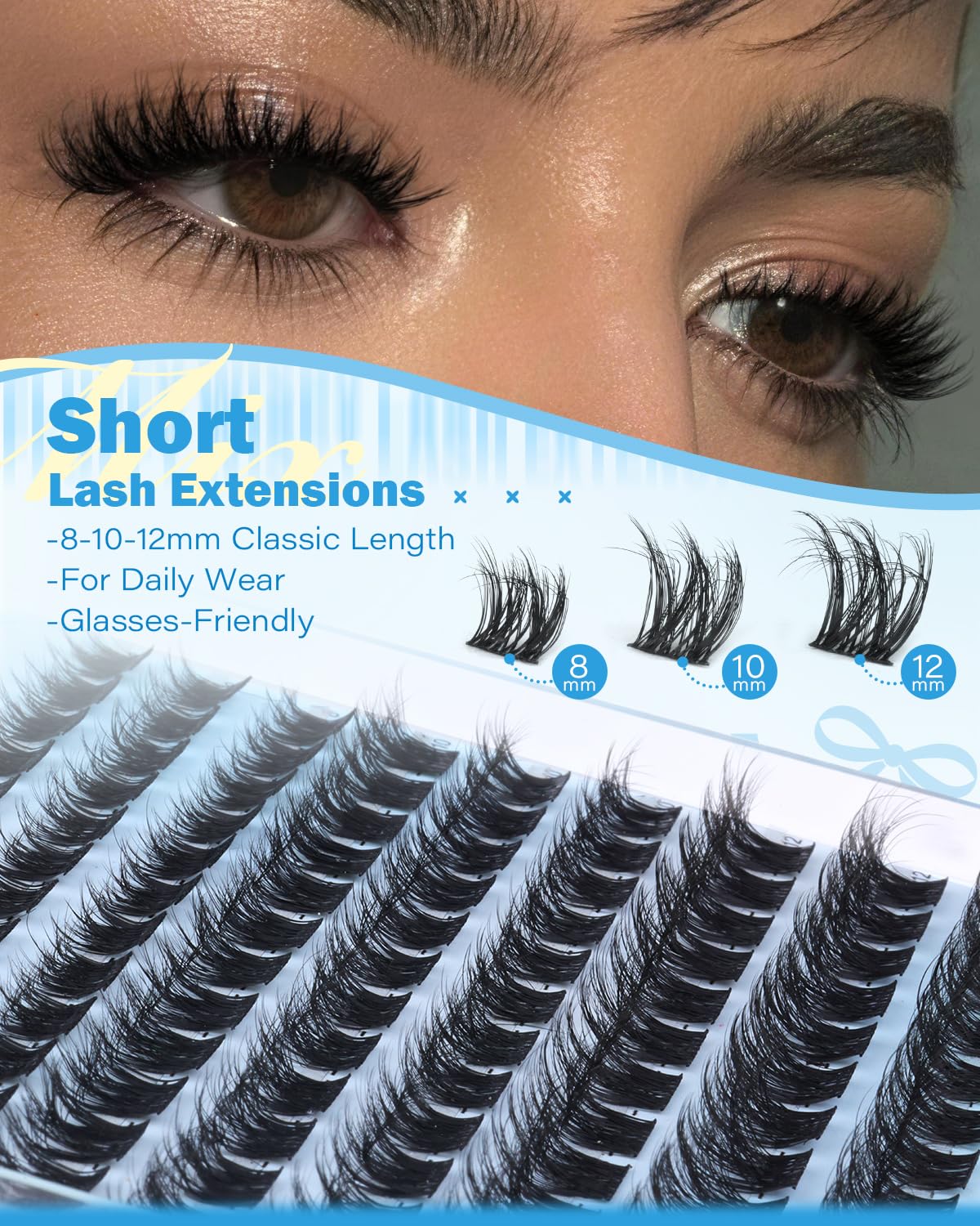 Wispy Lash Clusters Fluffy Eyelash Clusters 8-10-12mm Cluster Eyelash Extensions Volume D Curl Individual Lashes Clusters Wispy Fluffy Lash Extensions with Thin Band Soft for Daily Wear wtvane