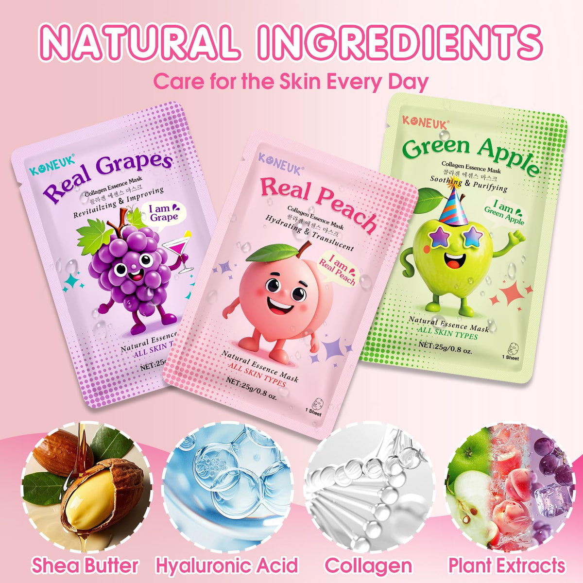 14 Pack Fruit Face Masks Skincare for Kids, Sheet Hydrating Facial Mask KONEUK