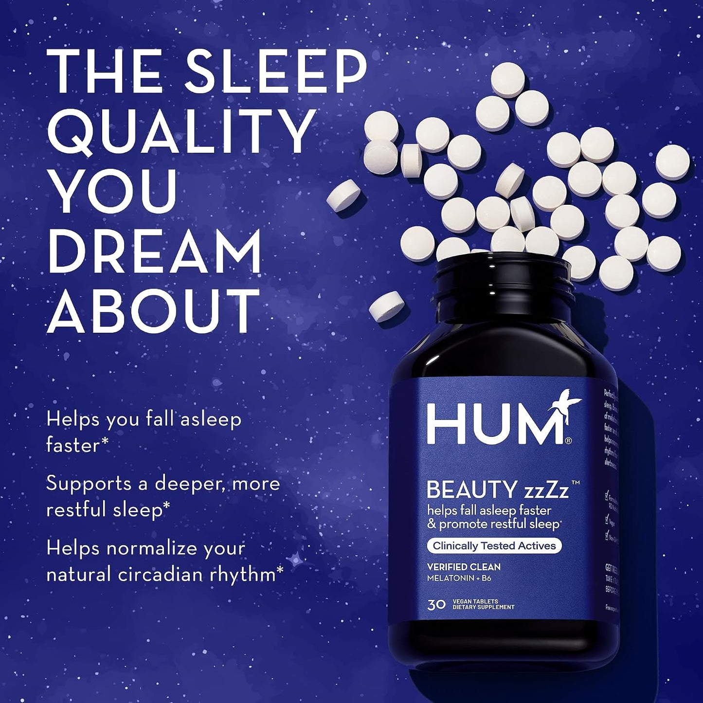 HUM Beauty zzZz Melatonin Sleep Supplement for Adults with Melatonin 3mg, Vitamin B6 and Calcium, Vegan, Gluten Free, Non GMO Sleep Support Tablets for Adults and Beauty Rest, 30 Vegan Tablets