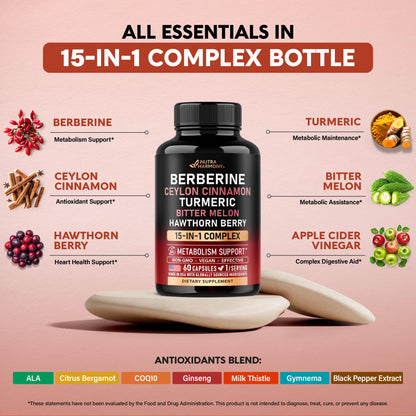 Berberine with Ceylon Cinnamon | Bitter Melon (Karela) | Apple Cider Vinegar | Hawthorn Berry | Citrus Bergamot | Turmeric - 15-in-1 Supplement for Heart Support NUTRAHARMONY