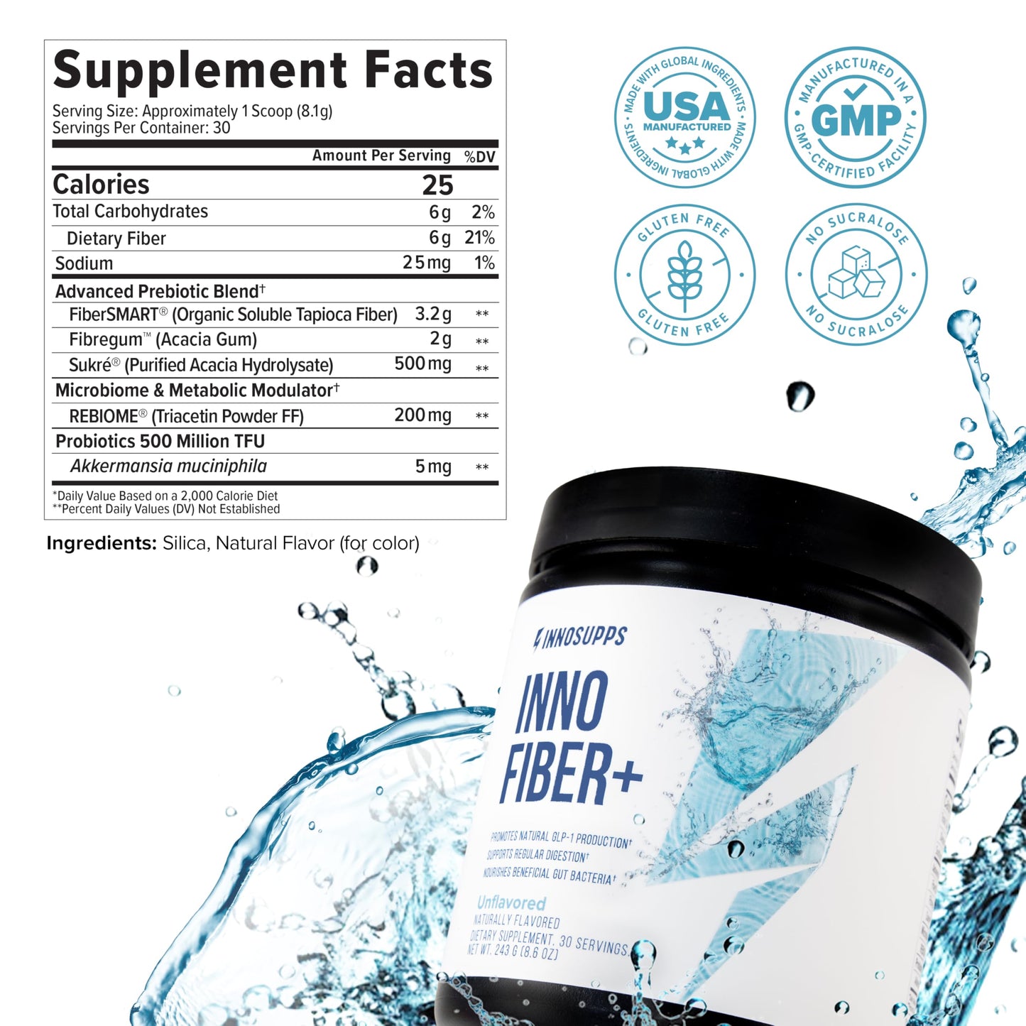 Inno Fiber+ 6g Daily 3-in-1 Fiber Supplement + Prebiotic, Probiotic, and Postbiotic for Men & Women, Supports Digestive Health, Gut Health, 30 Servings