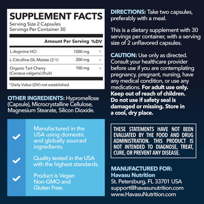 L-Arginine Capsules with L-Citrulline - Nitric Oxide Supplement - L Arginine and L Citrulline Blend - 60 Count - Vegan, Non-GMO Capsules for Performance HAVASU NUTRITION