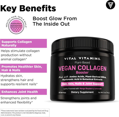 Vital Vitamins Vegan Collagen Booster Powder with Amino Acids & Vitamin C | Mango Raspberry Lemonade Flavor, Plant-Powered Collagen Support with Biotin & Hyaluronic Acid, 30 Servings Gsupps Australia