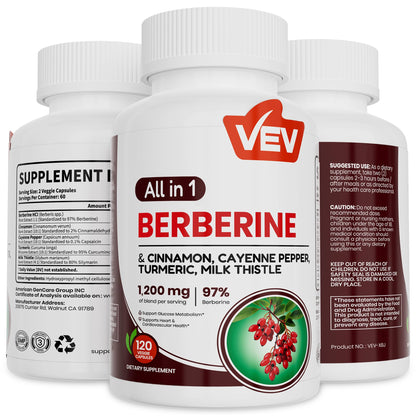 VEV Berberine Supplement with Ceylon Cinnamon, Cayenne Pepper, Turmeric, Milk Thistle, Vegan & Non-GMO – 120 Capsules VEV