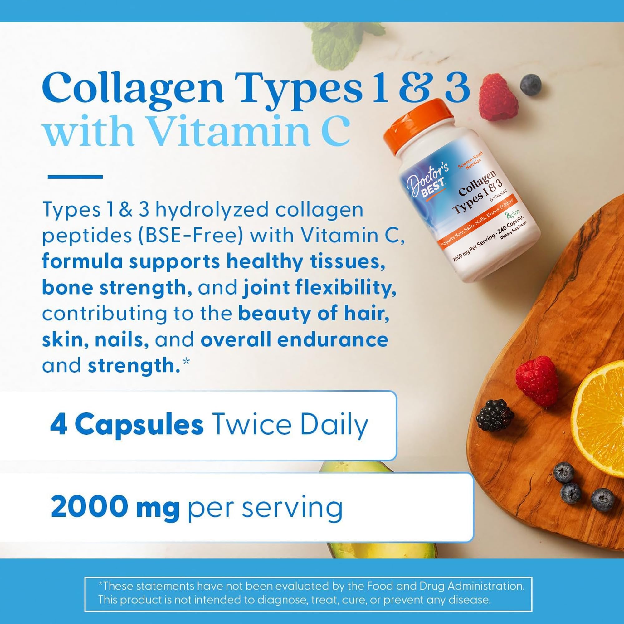 Doctor's Best Collagen Types 1 & 3 with Vitamin C, Non-GMO, Gluten Free, Soy Free, Supports Hair, Skin, Nails, Tendons & Bones, 500 mg, 240 Caps (DRB-00263) Doctor's BEST buy australia supplements