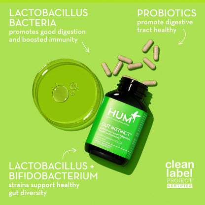 HUM Gut Instinct Daily Probiotics for Women and Men, Digestive Health, Lactobacillus, Bifidobacterium Strains for Immune Support, Probiotic Supplement for Healthy Gut Diversity, 30 Capsules