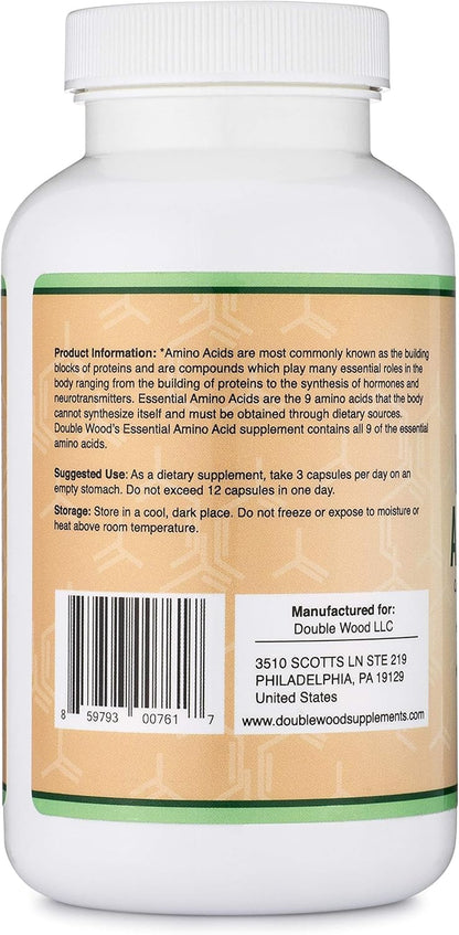 Essential Amino Acids - 1 Gram Per Serving Powder Blend of All 9 Essential Aminos (EAA) and All Branched-Chain Aminos (BCAAs) (Leucine, Isoleucine, Valine) 225 Capsules, Gluten Free by Double Wood