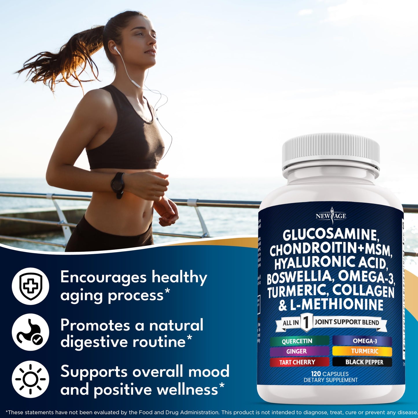 Glucosamine Chondroitin, MSM, Turmeric Curcumin, Collagen, Hyaluronic Acid, Omega 3 – Health Supplement for Men & Women – 240 Count NEW AGE