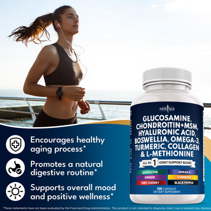Glucosamine Chondroitin, MSM, Turmeric Curcumin, Collagen, Hyaluronic Acid, Omega 3 – Health Supplement for Men & Women – 240 Count NEW AGE