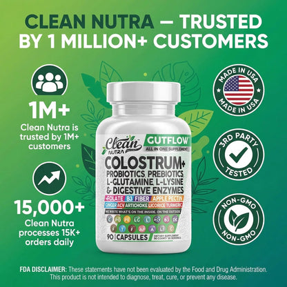 Clean Nutraceuticals Colostrum Supplement Capsules Probiotics Pills Prebiotics, L-Glutamine, Digestive Enzymes, Folate, Fiber, ACV, Turmeric, Apple Pectin and Turmeric Pills Clean Nutraceuticals