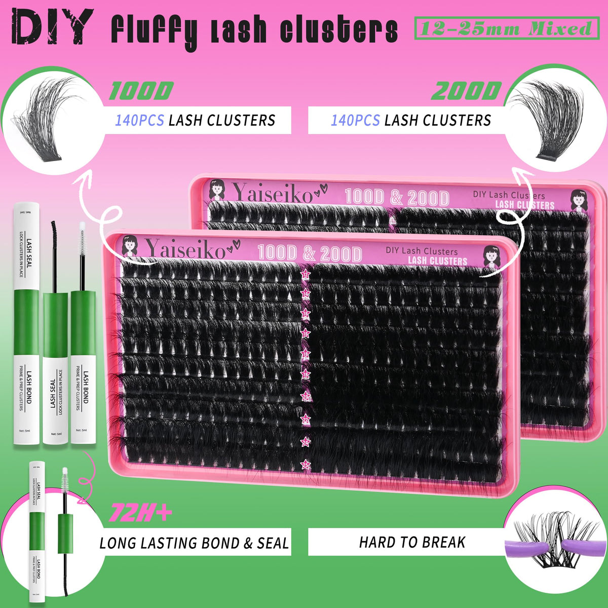 Yaiseiko Lash Clusters Kit 100D+200D Thick Volume Eyelash Clusters Kit 12-25mm Wispy Individual Lashes D Curl Long Cluster with Lash Bond and Seal Waterproof DIY Lash Extension Kit(KIT-280PCS) Yaiseiko