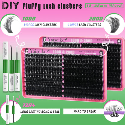 Yaiseiko Lash Clusters Kit 100D+200D Thick Volume Eyelash Clusters Kit 12-25mm Wispy Individual Lashes D Curl Long Cluster with Lash Bond and Seal Waterproof DIY Lash Extension Kit(KIT-280PCS) Yaiseiko