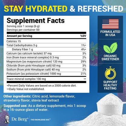 Dr. Berg Zero Sugar Hydration Keto Electrolyte Powder - Enhanced w/ 1000 mg of Potassium & Real Pink Himalayan Salt (NOT Table Salt) - Strawberry Lemonade Hydration Drink Supplement - 50 Servings Dr. Berg Nutritionals