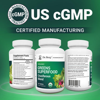 Dr. Berg's Greens Superfood Cruciferous Vegetable Tablets - Vegetable Supplements for Adults w/ 11 Phytonutrient Super Greens - Energy, Immune System & Liver Veggie Tablets - 90 Tablet