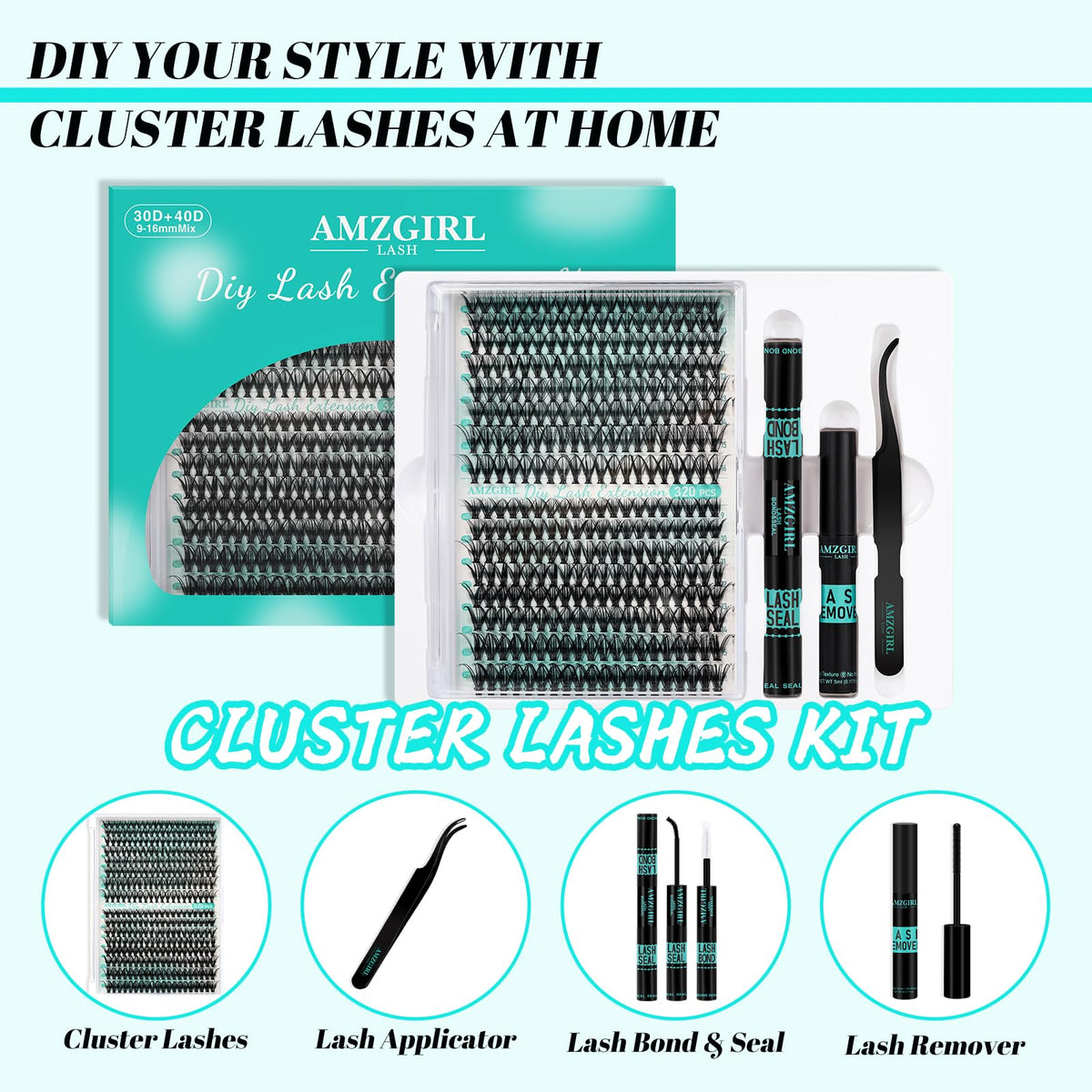 AMZGIRL Lash Clusters Kit 320Pcs, 30D+40D D Curl Wispy Eyelash Extensions AMZGIRL LASH