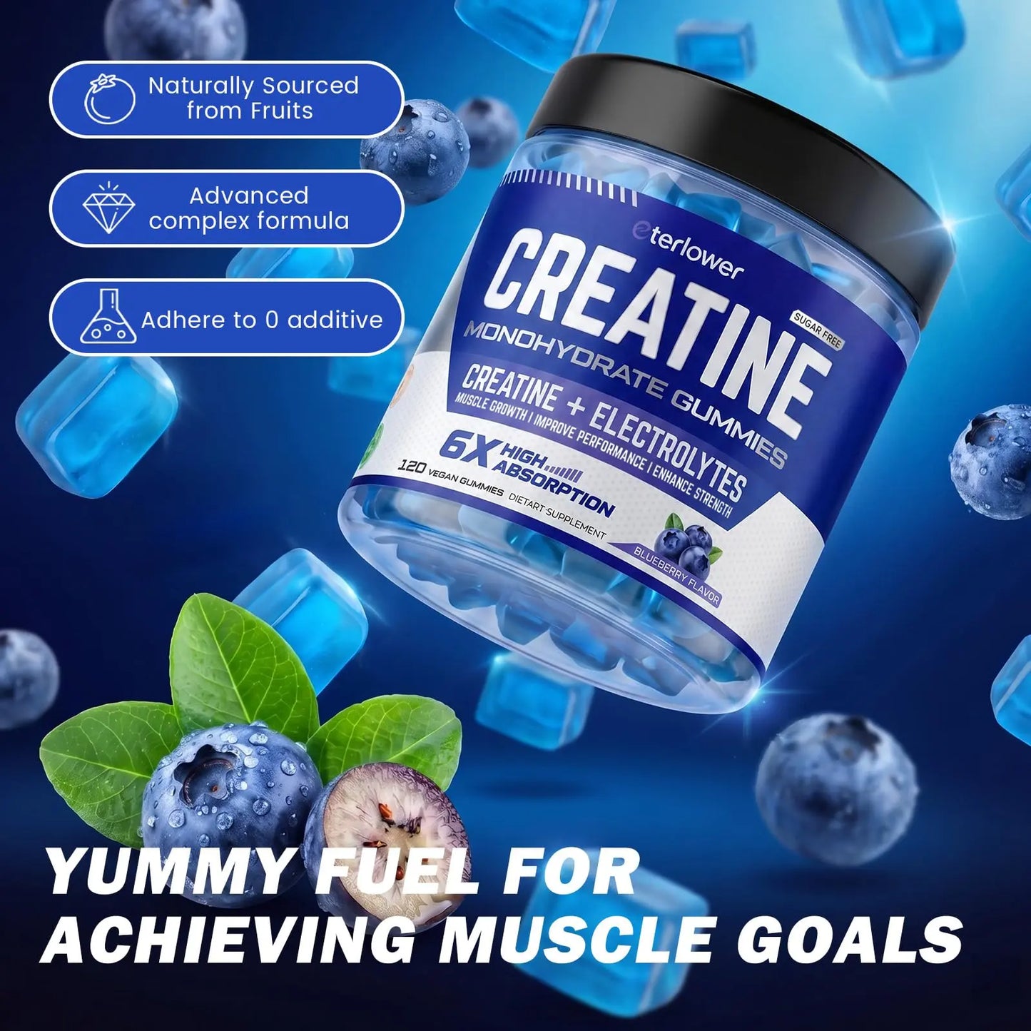 eterlower Creatine Monohydrate Gummies 5g – Pre-Workout Energy & Muscle Growth Support for Men & Women | Blueberry Electrolyte Gummies, 120 Count eterlower
