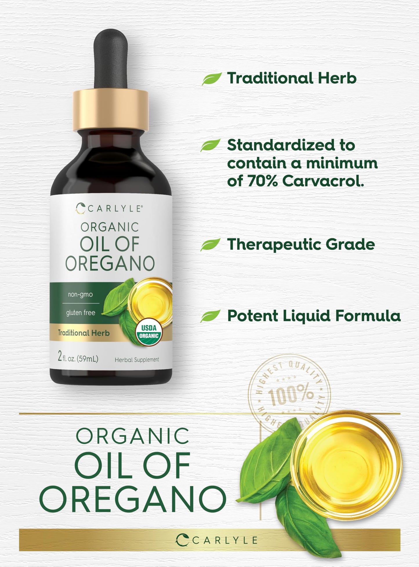 Carlyle Organic Oil of Oregano Liquid Drops - 2 fl oz - 1 Year Supply | Vegan Herbal Supplement | Non-GMO, Gluten Free Carlyle