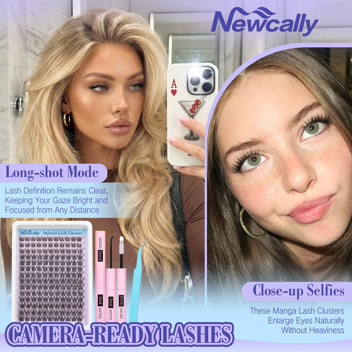 Lash Clusters Kit Wispy Natural Cluster Eyelash Extension Kit DIY Lash Extension Kit C-curly 10-16MM Eyelash Clusters Volume Individual Lashes Kit by Newcally Newcally