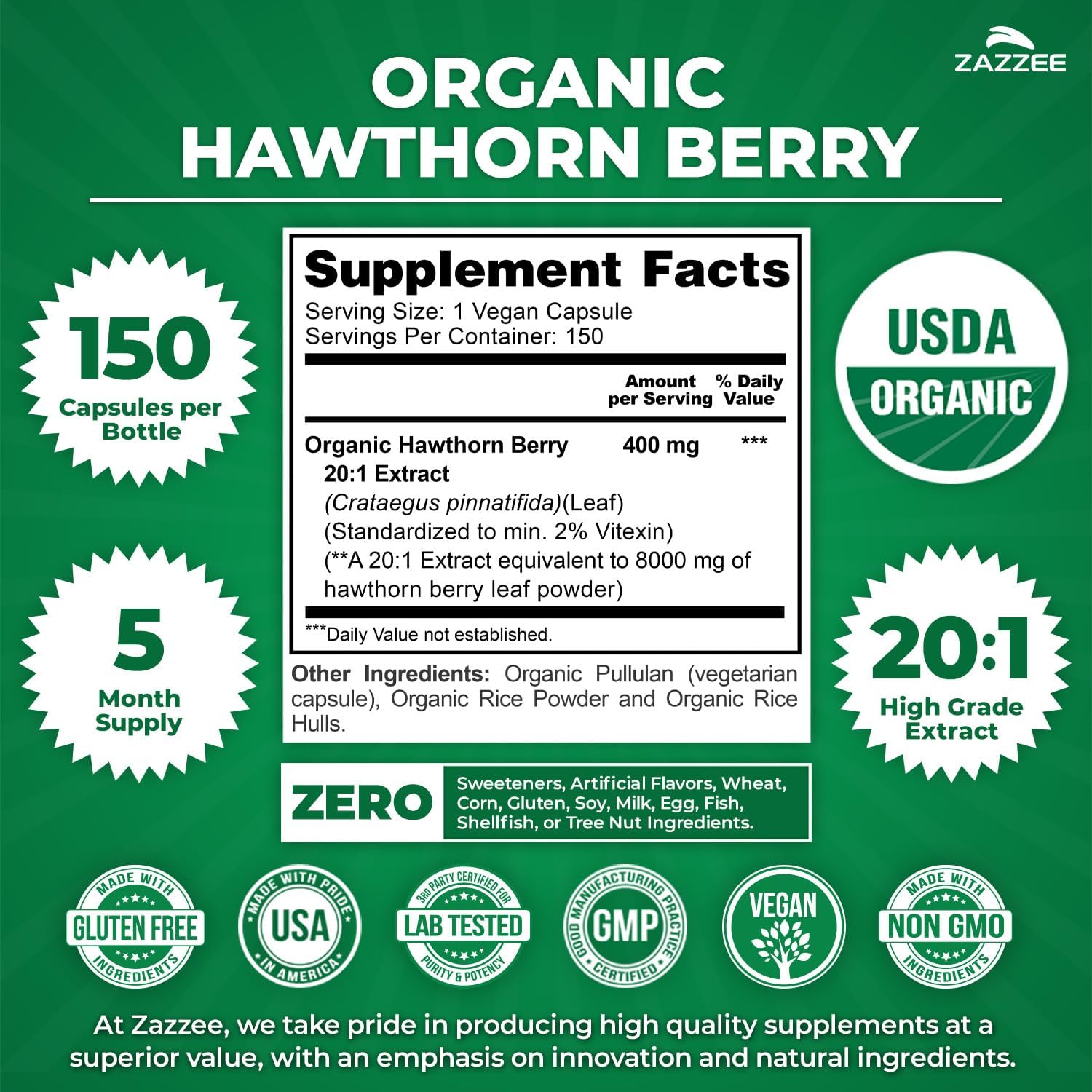 Zazzee USDA Organic Hawthorn Berry 20:1 Extract, 2% Vitexin, 150 Capsules | 5 Month Supply, Vegan, Crataegus Pinnatifida, Antioxidant & Circulation Support, Herbal Supplement, Non-GMO, Made in the USA Gsupps Australia