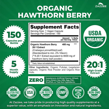 Zazzee USDA Organic Hawthorn Berry 20:1 Extract, 2% Vitexin, 150 Capsules | 5 Month Supply, Vegan, Crataegus Pinnatifida, Antioxidant & Circulation Support, Herbal Supplement, Non-GMO, Made in the USA Gsupps Australia