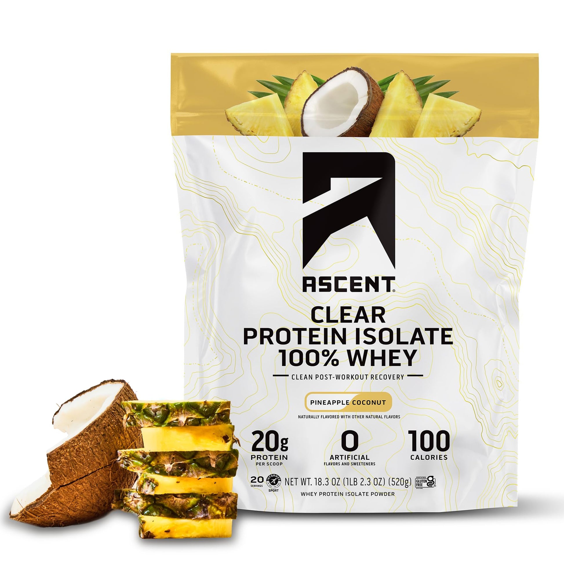 Ascent 100% Clear Whey Protein Powder - Post Workout Whey Protein Isolate, Zero Artificial Flavors & Sweeteners, Gluten Free, 5.5g BCAA, 2.1g Leucine, Essential Amino Acids, Pineapple Coconut, 20 Serv Ascent buy australia supplements
