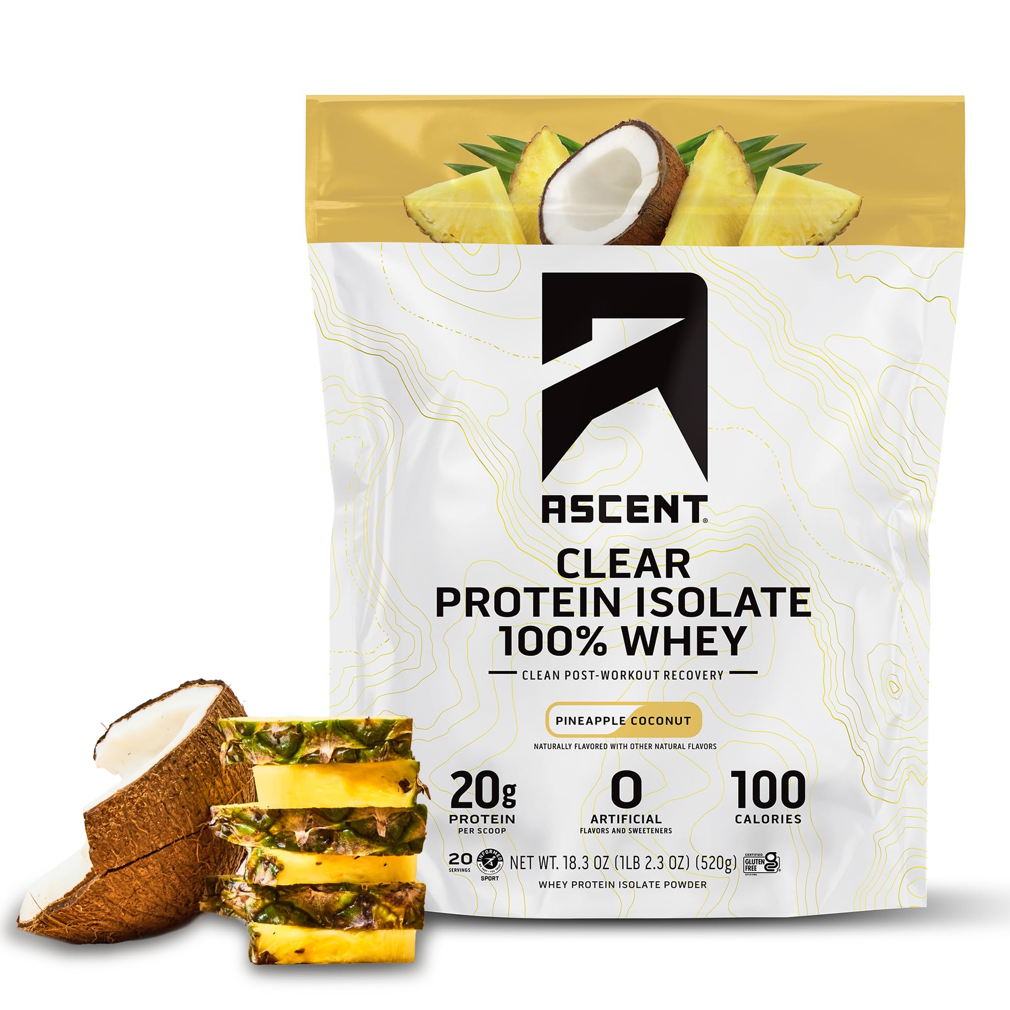 Ascent 100% Clear Whey Protein Powder - Post Workout Whey Protein Isolate, Zero Artificial Flavors & Sweeteners, Gluten Free, 5.5g BCAA, 2.1g Leucine, Essential Amino Acids, Pineapple Coconut, 20 Serv Ascent buy australia supplements