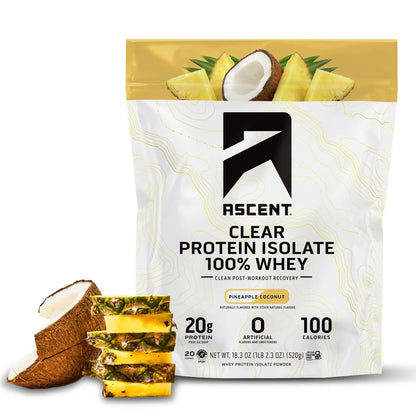 Ascent 100% Clear Whey Protein Powder - Post Workout Whey Protein Isolate, Zero Artificial Flavors & Sweeteners, Gluten Free, 5.5g BCAA, 2.1g Leucine, Essential Amino Acids, Pineapple Coconut, 20 Serv Ascent