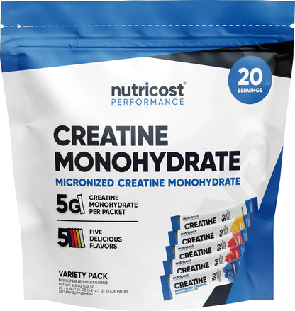 Nutricost Creatine Monohydrate Powder Variety Stickpacks (5 Flavors, 20 Servings) - Micronized, 5 Grams of Creatine Monohydrate Per Pack Nutricost