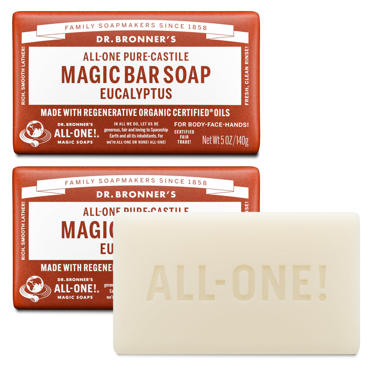 Dr. Bronner's Castile Bar Soap for Men & Women, Eucalyptus, 5 oz, 2-Pack Dr. Bronner's