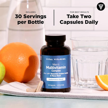 Vital Vitamins Men's Multivitamin Complex for Vitality & Performance | Complete Multivitamins with Essential Amino Blend, Maca Root, Saw Palmetto & Panax Ginseng, 60 Capsules Gsupps Australia