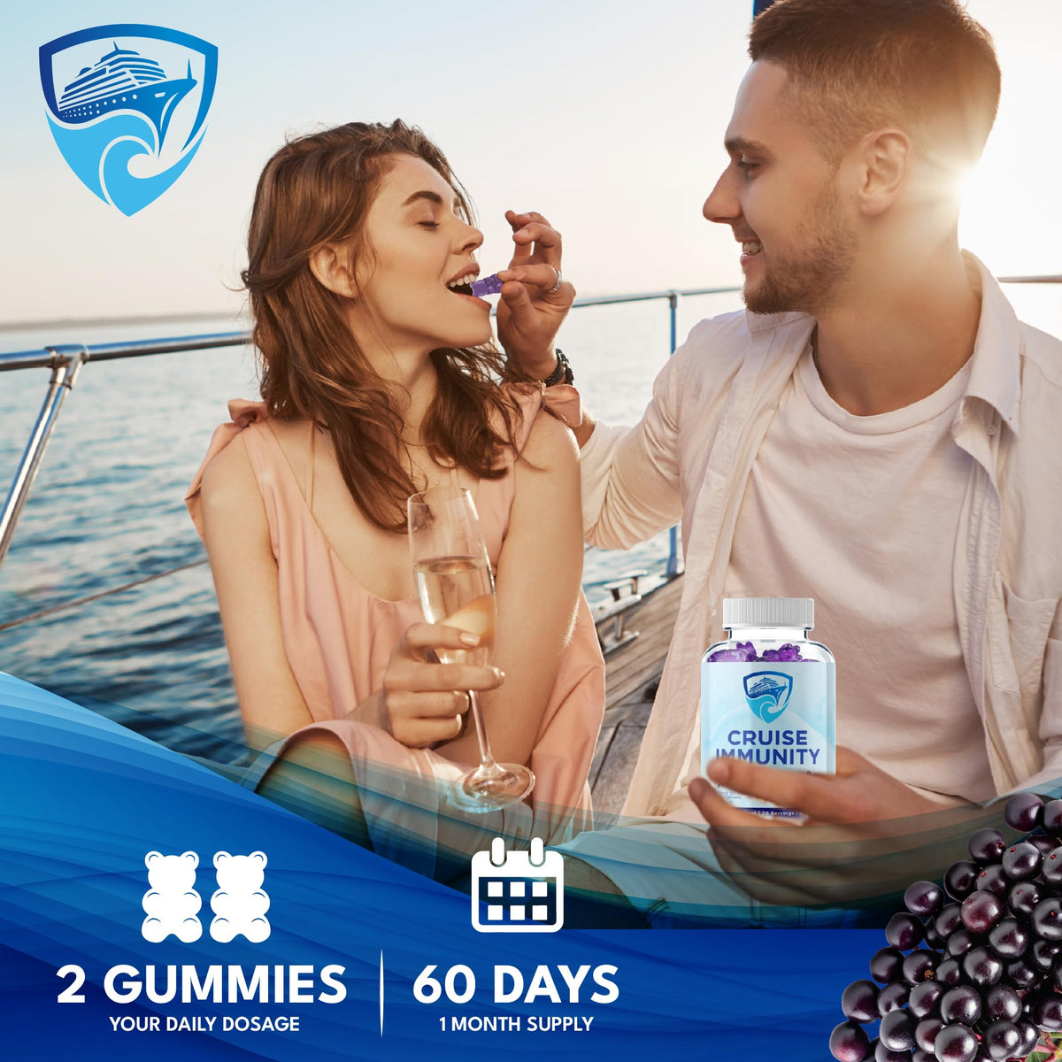 CRUISE IMMUNITY Immune Support Gummies for Cruisers with Vitamin C, B12, Zinc, Elderberry Extract, 60 Gummies, 30 Servings CRUISE IMMUNITY