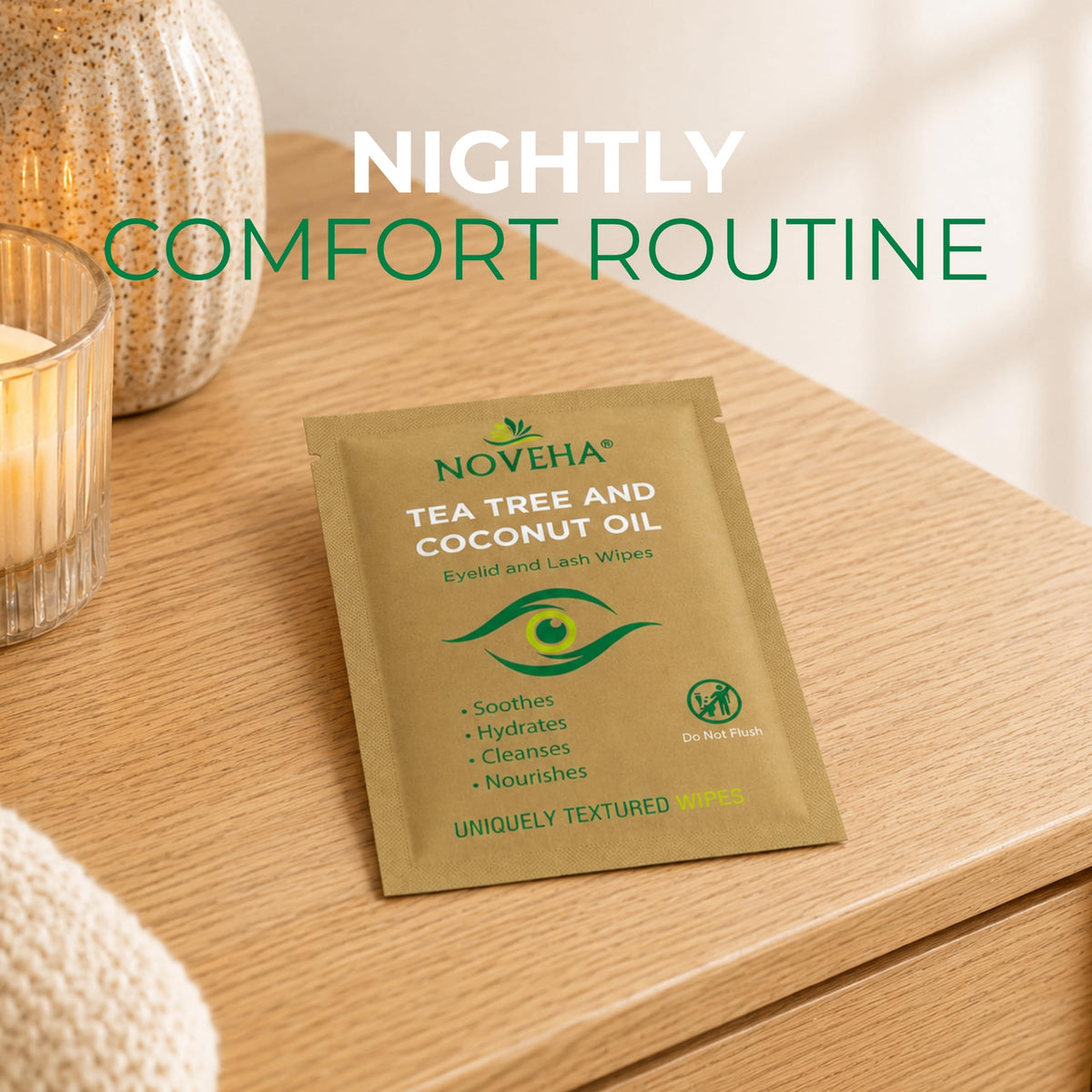 NOVEHA 60PCs Tea Tree & Coconut Oil Eyelid & Lash Wipes - For Demodex, Blepharitis & Itchy Eyes, Individually Wrapped Eyelash Wipes With Aloe Vera, Natural Makeup Remover & Daily Eye Cleanser NOVEHA