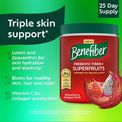 Benefiber Prebiotic GLP-1 Friendly Fiber + Superfruits Dietary Supplement, Strawberry Dragon Fruit Flavor, 8.8 oz (250g) Benefiber