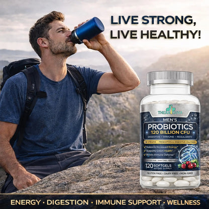 Men’s Advanced Probiotics 120 Billion CFU - 36 Strains + Prebiotics, Enzymes & Veggie Blend for Gut, Immune & Colon Health - 2 Month Supply, 120 Softgels TheraSuva