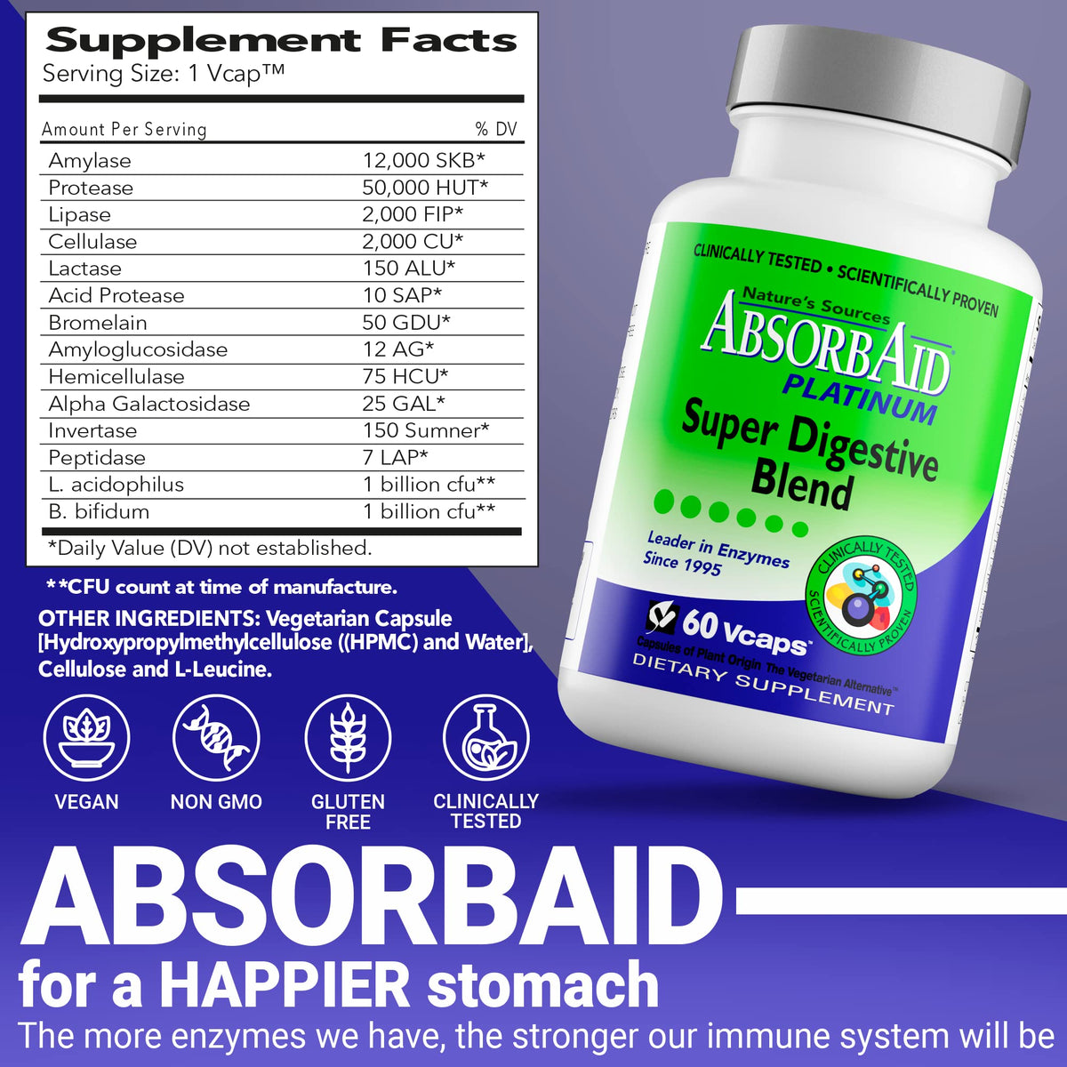 AbsorbAid Platinum Digestive Enzyme Support 60 vCaps, 12 Digestive Enzymes Plus 2 Probiotics for Maximum Relief AbsorbAid