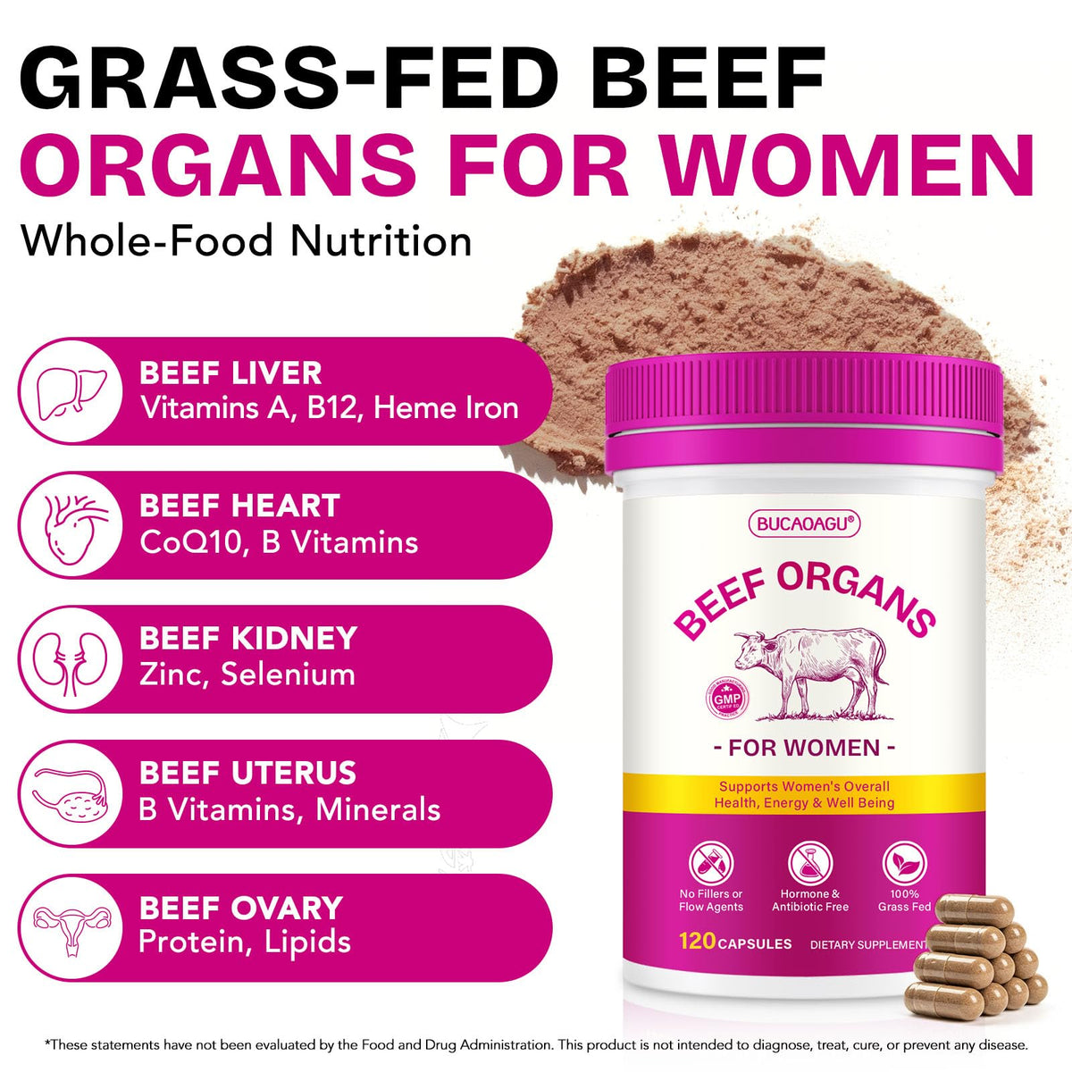 Beef Organ Supplement for Women - Grass-Fed Beef Liver, Kidney, Heart, Uterus, Ovary - Supports Female Energy & Hormone Balance - Pasture Raised in New Zealand BUCAOAGU