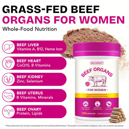 Beef Organ Supplement for Women - Grass-Fed Beef Liver, Kidney, Heart, Uterus, Ovary - Supports Female Energy & Hormone Balance - Pasture Raised in New Zealand BUCAOAGU