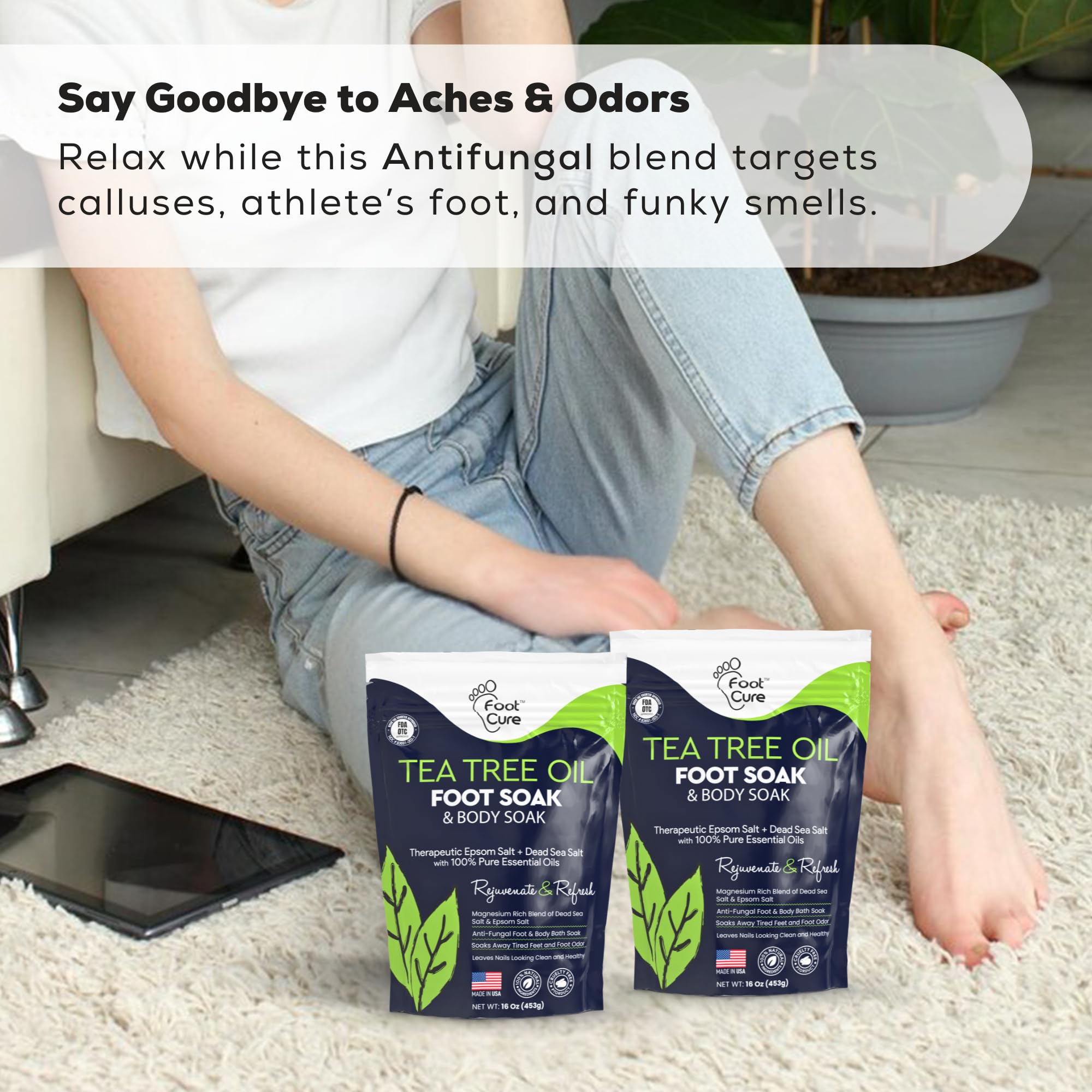 FOOT CURE Tea Tree Oil Foot Soak with Epsom Salt - Best Toenail Fungus Treatment, Athletes Foot & Softens Calluses - Soothes Sore & Tired Feet, Fungal Toe, Foot Odor Scent, Spa Pedicure (Pack of 2) FOOT CURE buy supplements Au