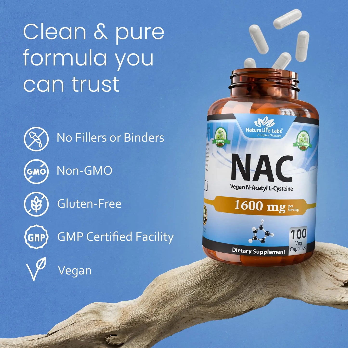 NaturaLife Labs N-Acetyl-L-Cysteine (NAC) 1600 mg – 100 Capsules - Vegan, Non-GMO & Gluten-Free NaturaLife Labs