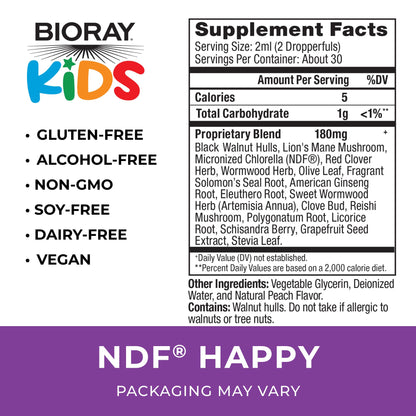 BIORAY Kids NDF Happy, Peach - 2 fl oz - Removes Unwanted Organisms That Can Trigger Irritability - 1-2 Month Supply BIORAY