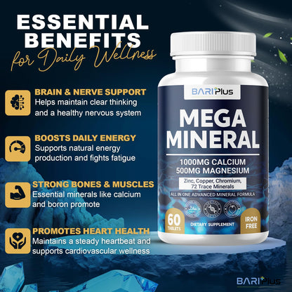 Mega Mineral – Complete Complex with Vitamin D, Calcium, Magnesium, Zinc, Potassium, Boron, Selenium, Chromium & Trace Minerals – Iron-Free – USA Made – 60 Tablets BARIPLUS