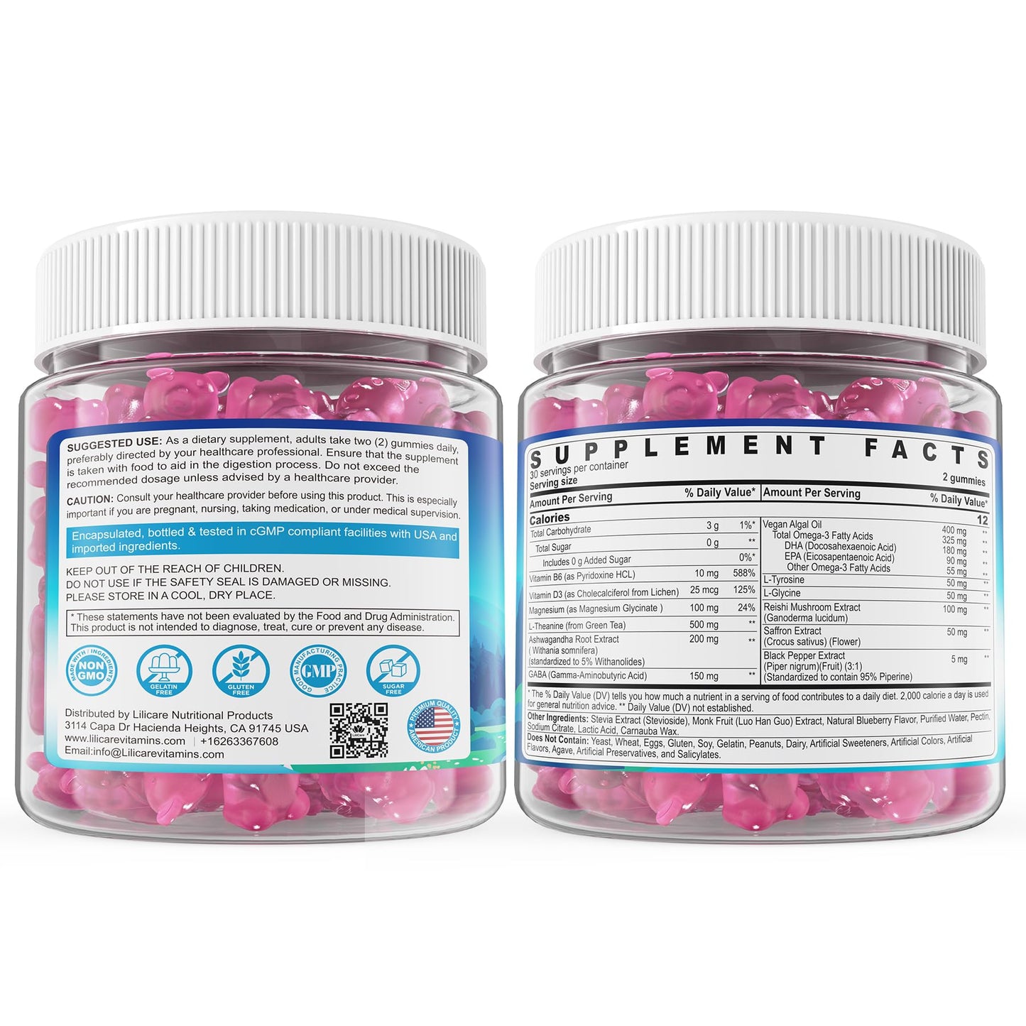 L Theanine Calm Gummies 500mg, Sugar-Free Liposomal L-Theanine Supplement, w/Safforn, Magnesium Glycinate, GABA, Ashwagandha, Algae Omega-3, Vitamin D3 B12 LILICARE