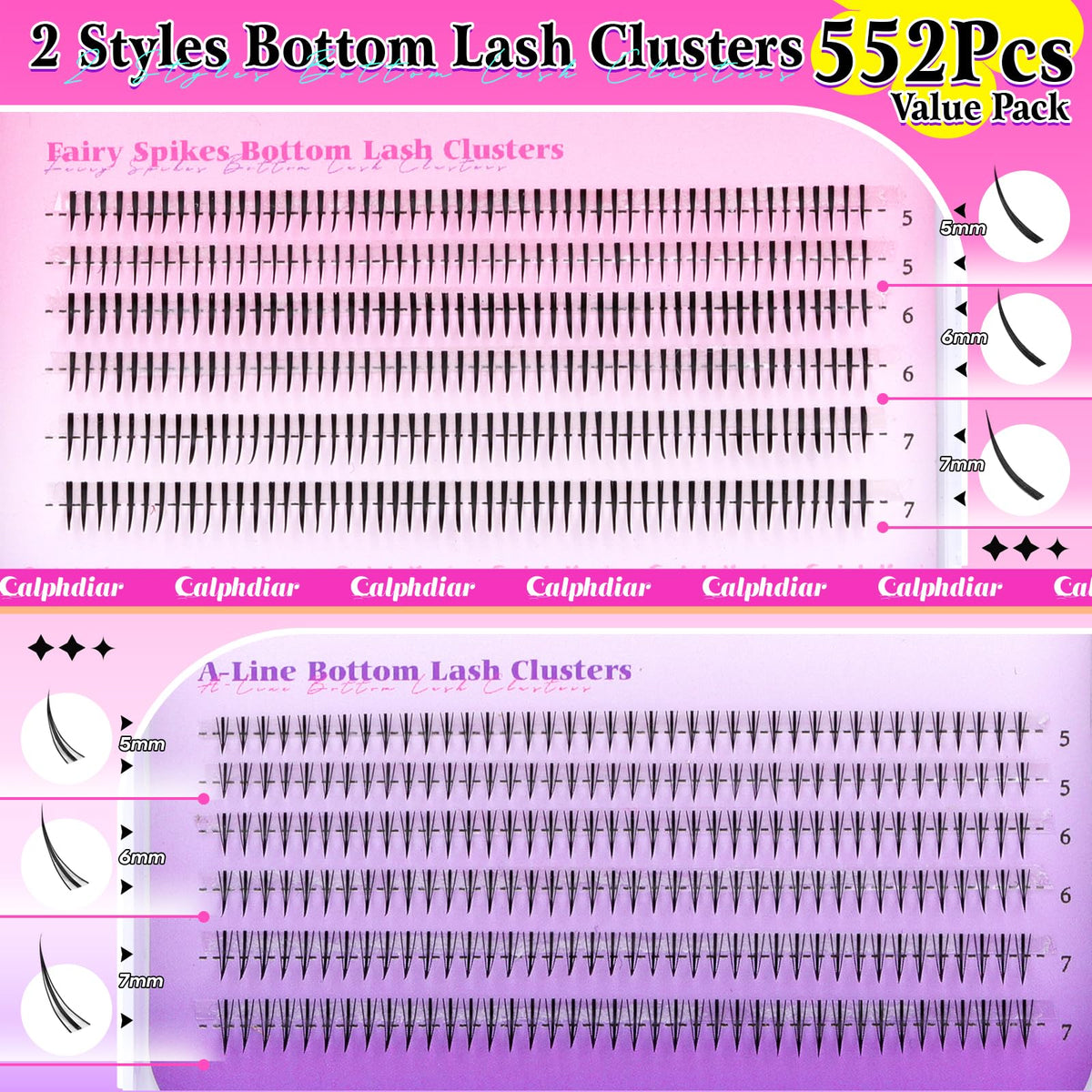 calphdiar Bottom Lashes Extension 552pcs Natural Lower Eyelash Clusters 5-7mm Bottom Lash Clusters 2 Styles Individual Lashes DIY Bottom Cluster Eyelash Extensions calphdiar