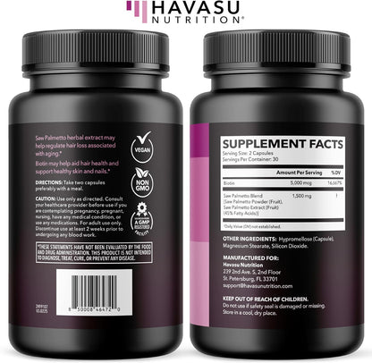 Saw Palmetto for Women with Bitoin 5000mcg Per Serving, 30-Day Supply | Vegan, Non-GMO DHT Blocker for Women for Hair, Skin and Nails, Saw Palmetto Extract with Biotin for Thicker Looking Hair Gsupps Australia