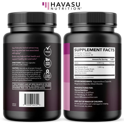 Saw Palmetto for Women with Biotin 5000mcg - Powerful DHT Blocker to Support Hair, Skin, and Nail Health - 60 Count - Vegan, Non-GMO Vitamin for Stronger, HAVASU NUTRITION