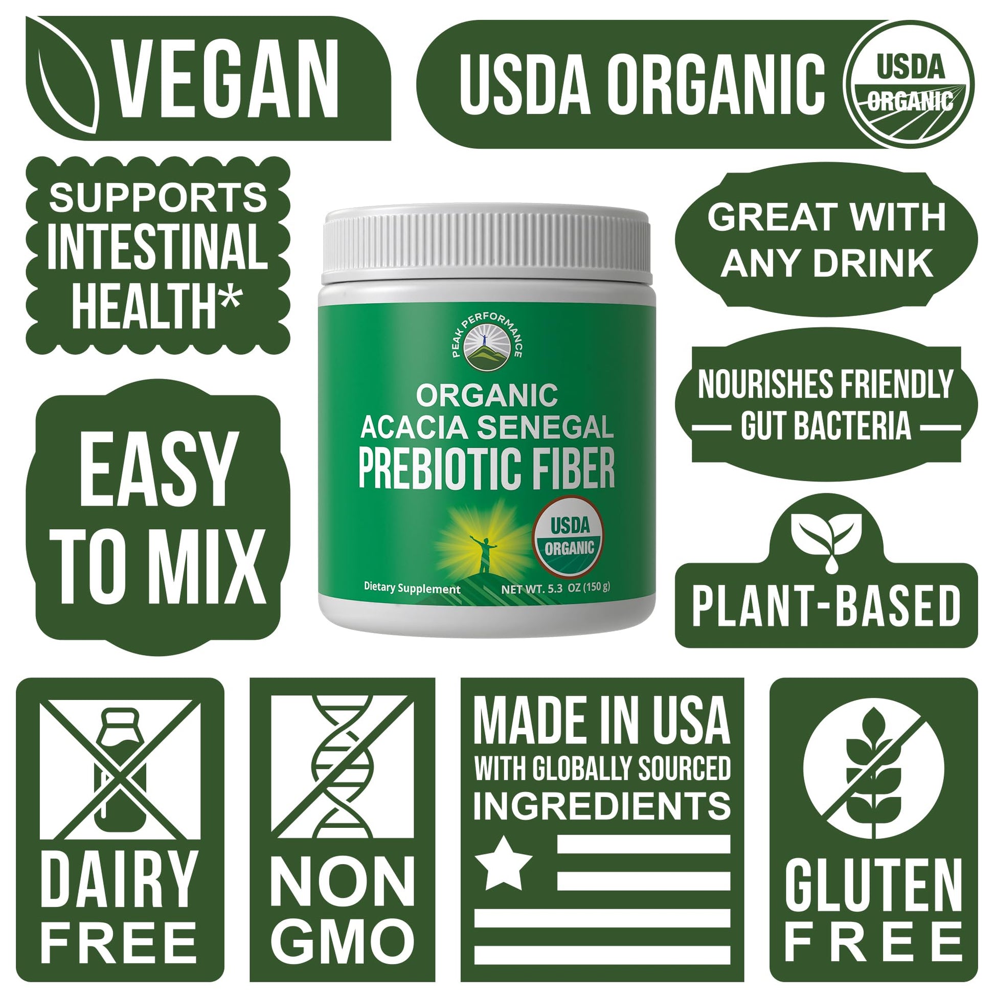 Peak Performance Organic Acacia Senegal Prebiotic Fiber Powder. Unflavored USDA Organic Plant Based Soluble Vegan Prebiotics Gut Health Supplement with Digestive Enzymes Peak Performance buy australia supplements