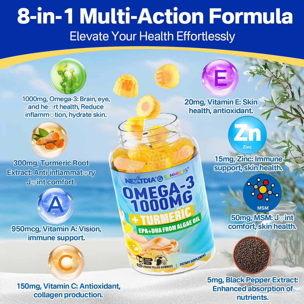 Vegan Omega-3 Gummies 1000mg + Turmeric - Omega 3 Fish Oil Alternative for Adults - Algae DHA 600mg & EPA 300mg Nextdia